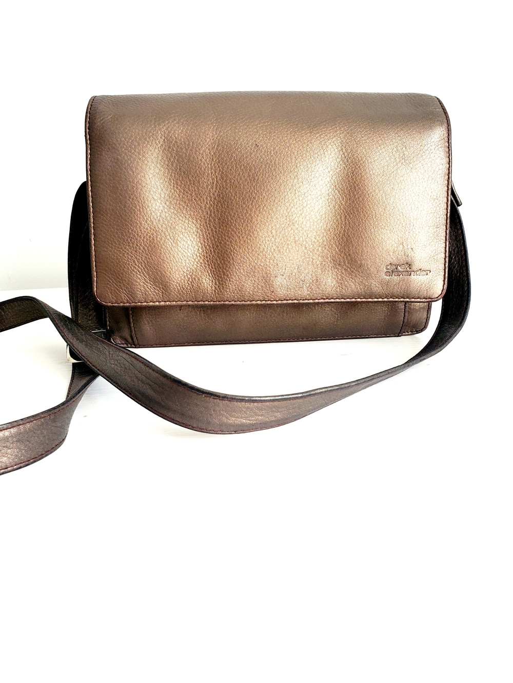 Metallic Bronze Leather Crossbody Sling with Logo